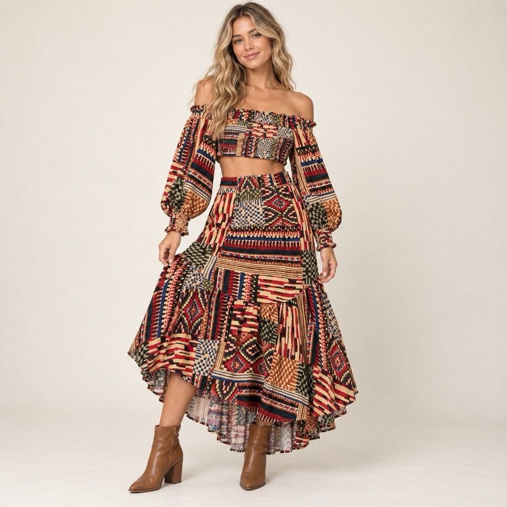 FARM Rio 2 Piece Set Small Off Shoulder Crop Top Asymmetrical Midi Skirt